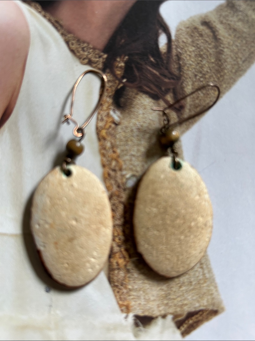RARE. Green Ceramic Bird Motif Drop Earrings - Artisan Women’s Jewelry - Picture 4 of 4